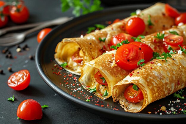 Foto panqueques enrollados alineados con tomates en superficie oscura