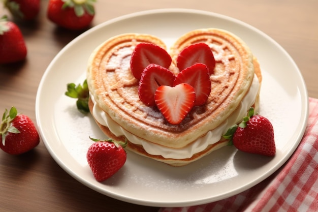Panqueques en forma de corazón y fresa para el desayuno del día de San Valentín generativo ai