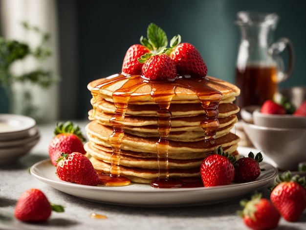 Panqueques con fresas y almíbar en un plato