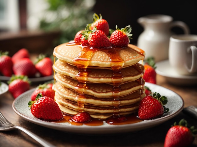 Panqueques con fresas y almíbar en un plato