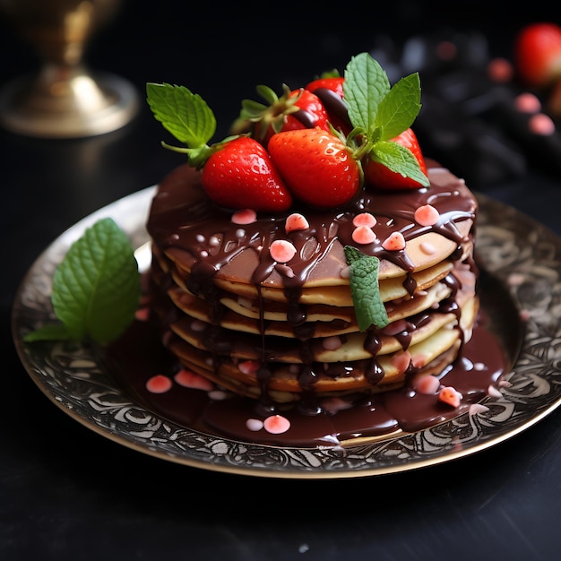 Panqueques con fresas y chocolate en un plato