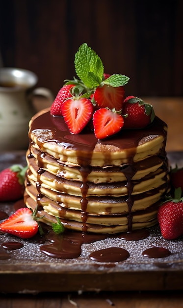 Panqueques con fresas y chocolate sobre un fondo de madera oscura