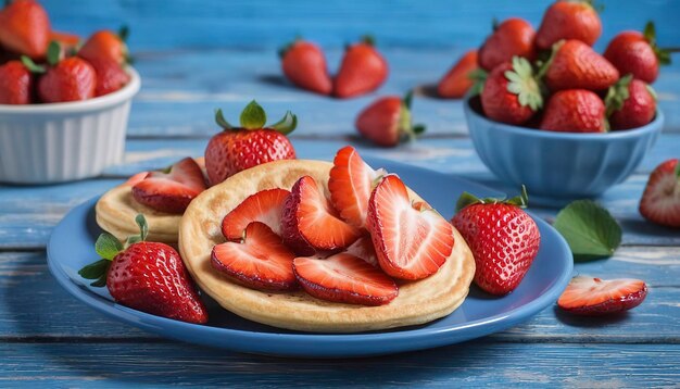 Panqueques con fresas frescas sobre un fondo de madera azul