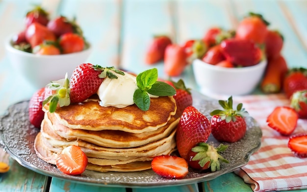 Panqueques con fresas frescas sobre un fondo de madera azul