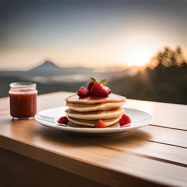 panqueques con fresas y un vaso de jugo rojo sobre una mesa.