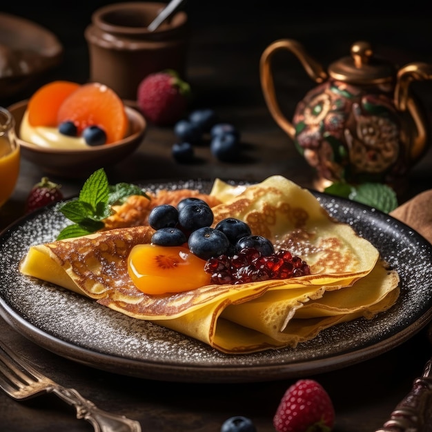 Panqueques con fruta en un plato