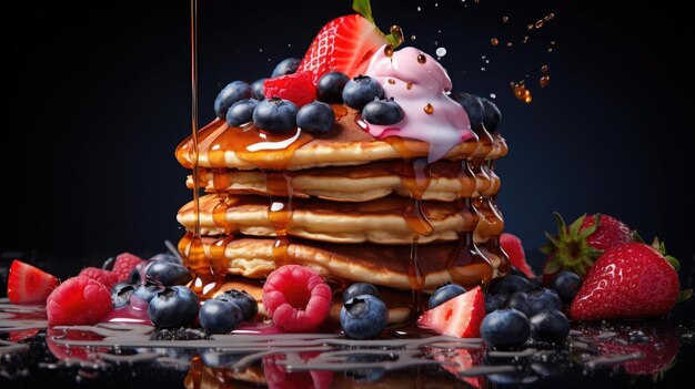 Foto panqueques con jarabe dulce derretido con pedazos de fruta en la mesa con fondo borroso