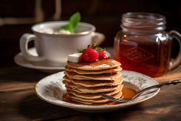 Panqueques con mermelada de frambuesa y taza de té sobre mesa de madera