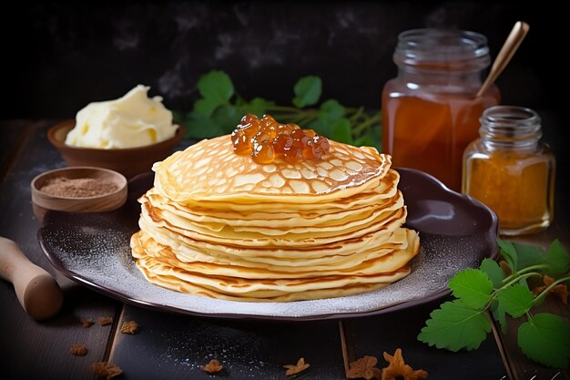 Panqueques con mermelada en un plato con miel y mantequilla al lado