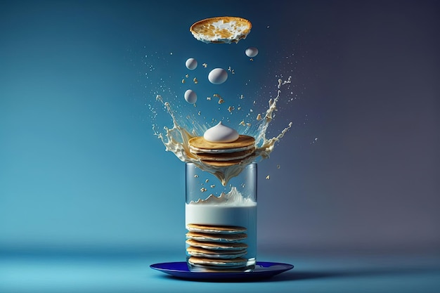 Panqueques del Miércoles de Ceniza en una pila de levitación con leche y miel Leche salpicada del vaso contra un fondo azul desayuno cocinado por gravedad y levitación