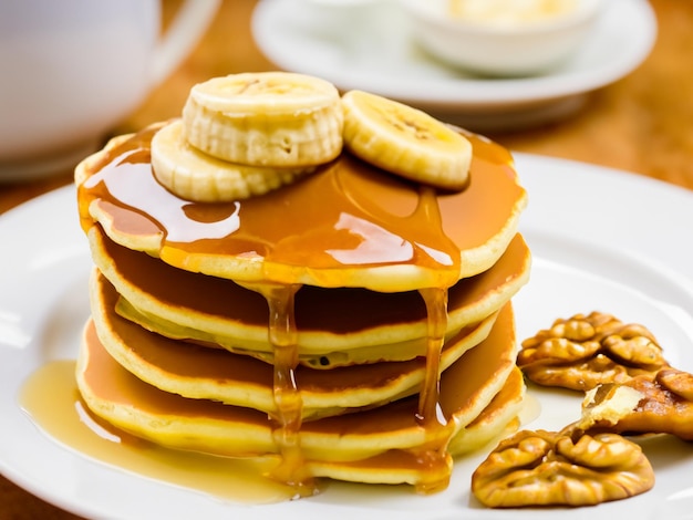 Panqueques con nuez de plátano y caramelo para el desayuno