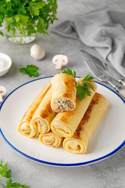 Panqueques o crepes finos rellenos de pollo y champiñones Espacio de copia de enfoque selectivo