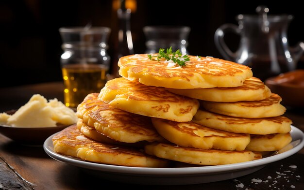 Panqueques de patatas con mantequilla y hierbas en una mesa de madera enfoque selectivo