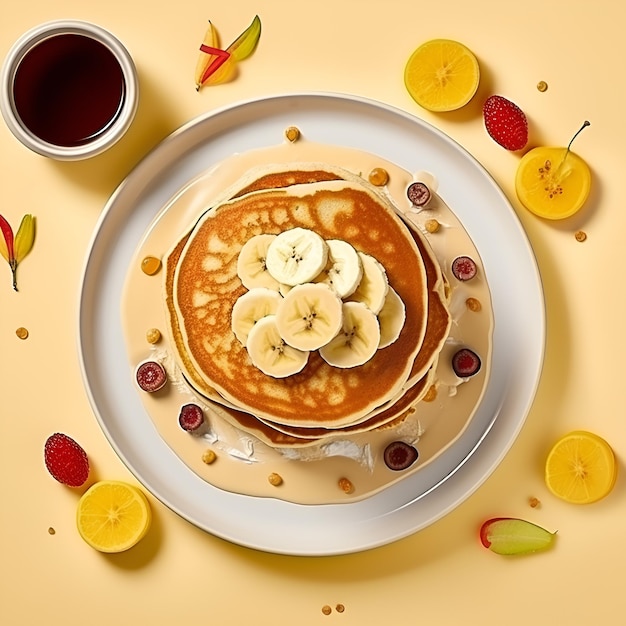 Panqueques con plátano y caramelo sobre fondo amarillo