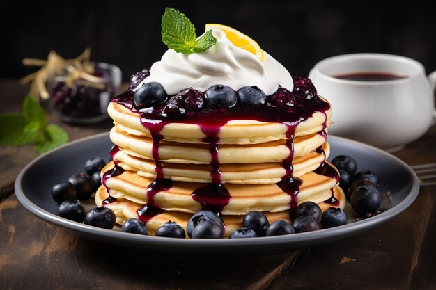 Panqueques con un poco de jarabe de cereza y crema batida