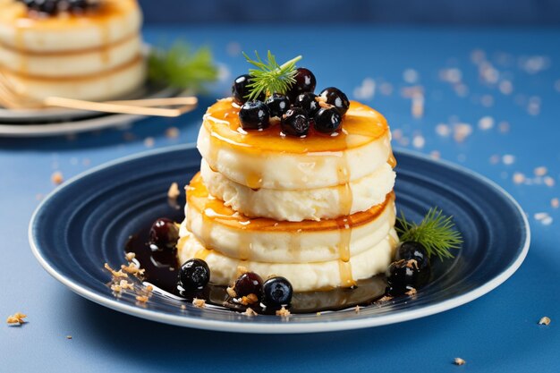 Panqueques de queso cottage pasteles de queso con grosellas de miel y arándanos sobre un fondo azul