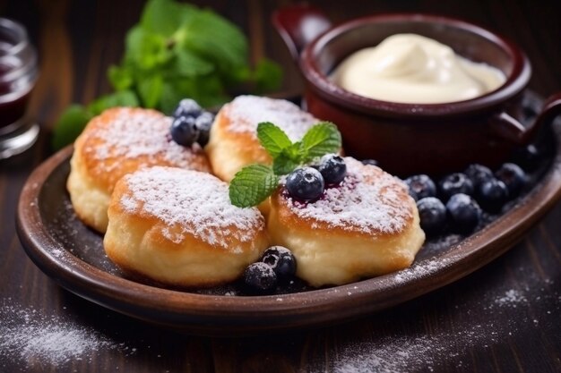 Panqueques de queso cottage syrniki frituras de cuajada con bayas frescas arándano azúcar en polvo leche h