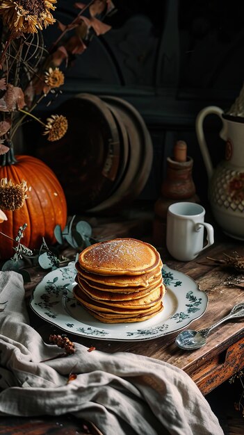 Panqueques rústicos en un plato vintage con vibra de otoño Perfecto para blogs culinarios y recetas