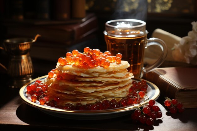 Foto panqueques tradicionales rusos de maslenitsa en la mesa con caviar rojo al vapor en la luz del sol