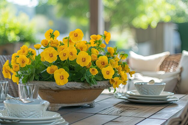 Pansies amarillas en una olla de flores