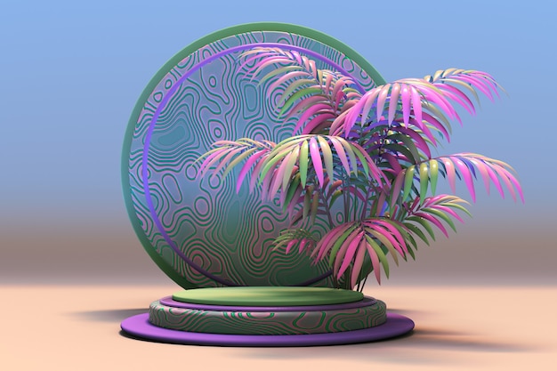 Pantalla 3d con exótica palmera verde rosa y fondo azul de patrón abstracto con podio redondo