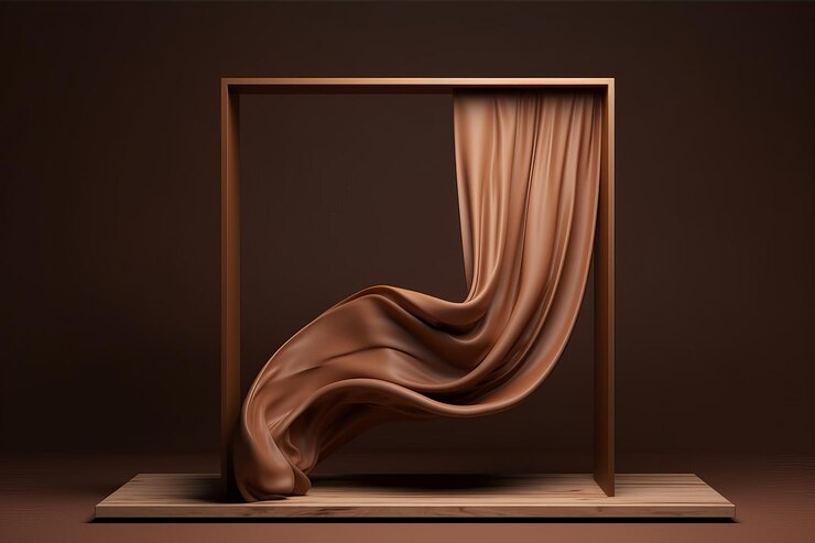 Pantalla 3D de fondo beige con marco de círculo redondo para texto cortina de tela de seda de color desnudo