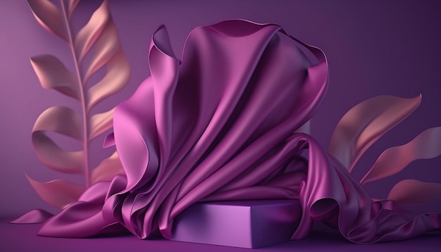 Pantalla 3D con fondo morado pastel. Tejido satinado en movimiento, tela de seda volando.