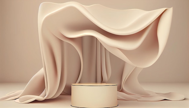 Pantalla 3D inspirada en la naturaleza con maqueta de productos cosméticos y efectos de viento sobre fondo beige