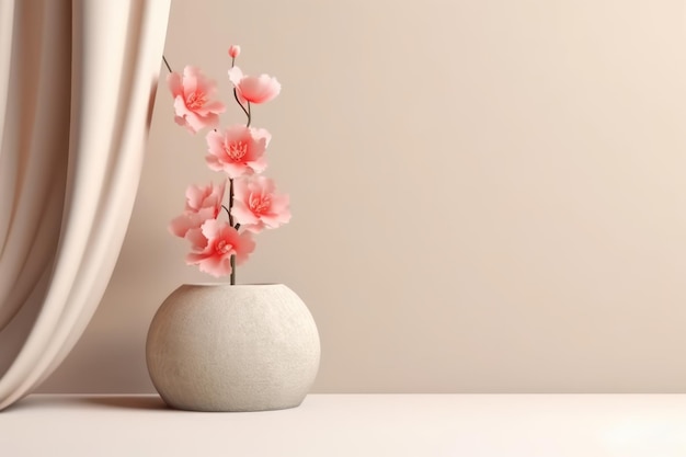 Pantalla 3D podio fondo beige con cortina Flor rosa en jarrón de piedra