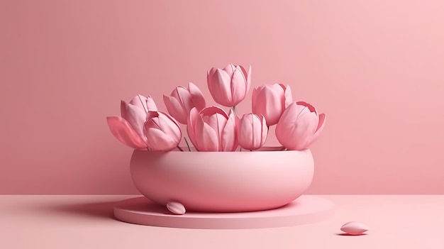 Pantalla 3D podio fondo de flor rosa pastel Flor de tulipán Ai generativo