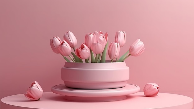Pantalla 3D podio fondo de flor rosa pastel Flor de tulipán Ai generativo