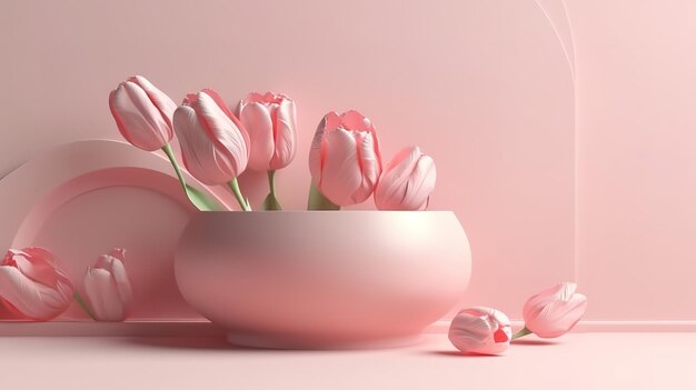 Pantalla 3D podio fondo de flor rosa pastel Flor de tulipán cayendo Generativo ai