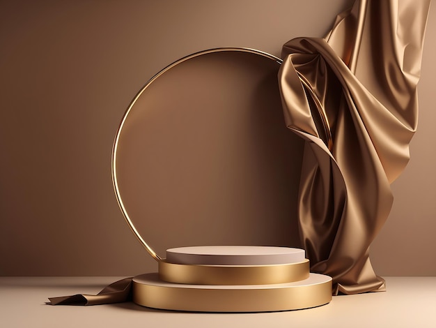 Pantalla 3D podio fondo marrón tela voladora de lujo en movimiento Glamour pedestal de oro mínimo ai