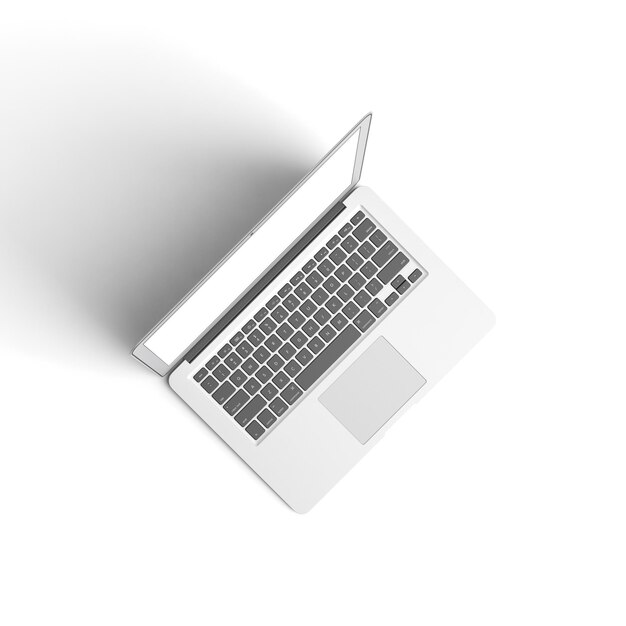 Pantalla abierta de portátil con pantalla en blanco aislada en fondo blanco para anuncios vista superior derecha