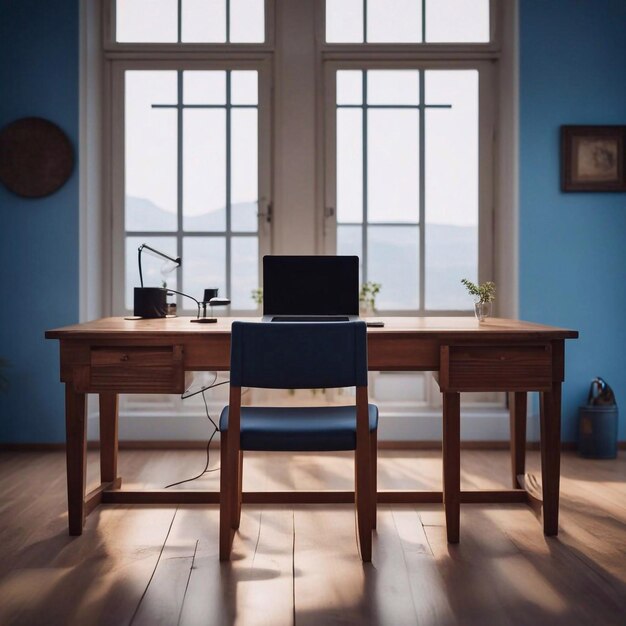 Foto pantalla azul de computadora de escritorio en lujo vintage gran habitación vacía generativa ai ilustración