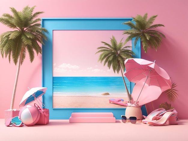 Pantalla azul de maqueta vacía en la playa con accesorios de verano y palmera sobre fondo rosa Ai