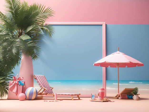 Pantalla azul de maqueta vacía en la playa con accesorios de verano y palmera sobre fondo rosa Ai