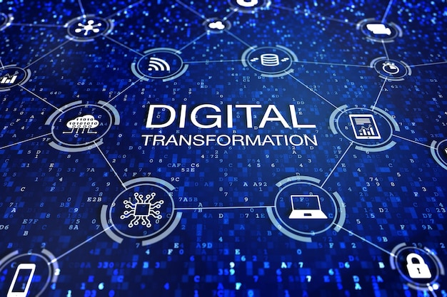 Una pantalla azul con las palabras transformación digital