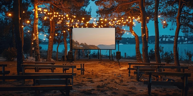 pantalla blanca en blanco al aire libre en el parque de hierba verde cine al aire libre gran pantalla espectáculo ai generado