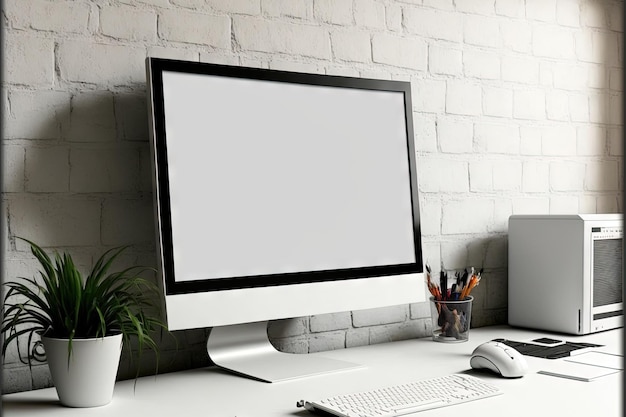 Pantalla en blanco en un espacio de trabajo pequeño Fondo de computadora y equipo en la mesa con pared de loft