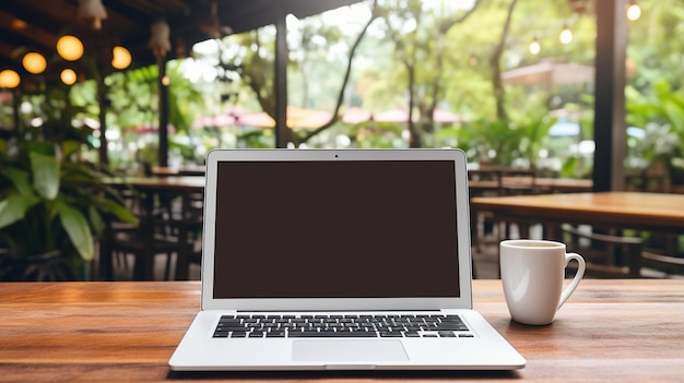 Pantalla en blanco del portátil sobre una mesa de madera con café con fondo interior de cafetería