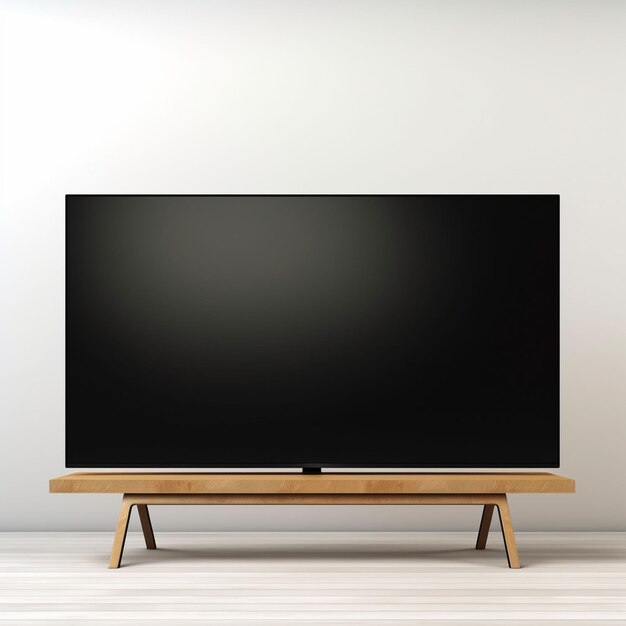 Foto pantalla en blanco de smart tv con espacio de copia en una mesa de madera