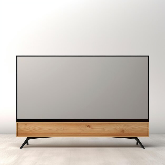 Pantalla en blanco de Smart TV con espacio de copia en una mesa de madera