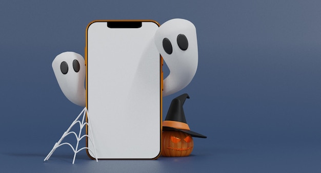 Pantalla en blanco del teléfono inteligente de Halloween Simulacros de espacio de copia de pantalla vacía con telaraña de calabaza y fantasma Aislar fondo Ilustración de representación 3D