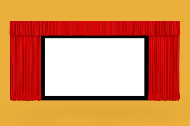 Pantalla de cine con cortina roja abierta sobre fondo amarillo. Representación 3D