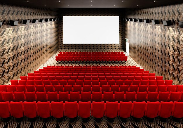 Pantalla de cine luminosa blanca en blanco con filas rojas realistas de asientos y sillas con fondo de espacio de copia vacío Premiere de película y concepto de entretenimiento Ilustración 3D
