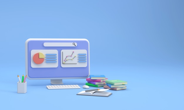 Pantalla de computadora 3D que muestra gráficos de finanzas y marketing con pilas de libros, libros y lápices