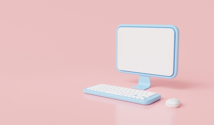 Foto pantalla de computadora azul cielo icono de pantalla en blanco aislado en fondo rosa con espacio de copia espacio de copia de computadora portátil ilustración de renderizado 3d de estilo minimalista de dibujos animados