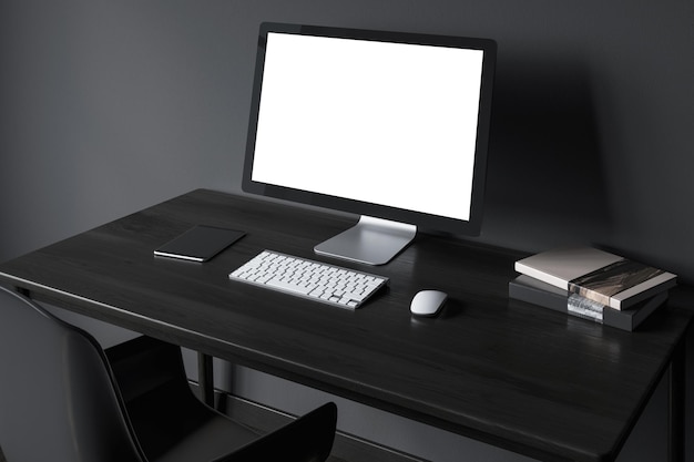 Pantalla de computadora blanca sobre un escritorio de madera negra en una oficina moderna. Un fondo de pared negro. Vista lateral. maqueta de renderizado 3d