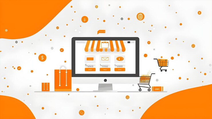 Foto una pantalla de computadora con un carrito de compras y un carrillo de compras en el fondo